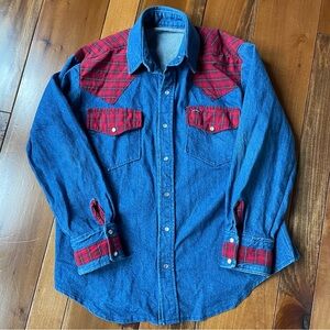 Handmade Red Plaid Denim Western Pearl Snap Shirt